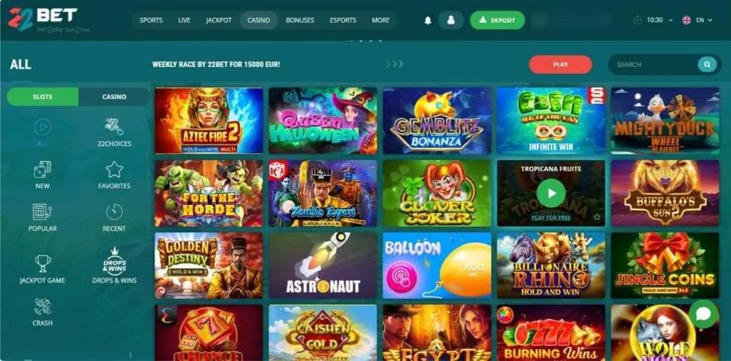 Screenshot dell'interfaccia prelievi rapidi e cassa del casinò 22Bet in alta risoluzione (1400px)