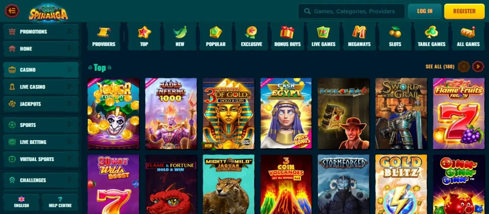 Screenshot del tema e dei pagamenti live di Spinanga Casino in alta risoluzione (1400px)