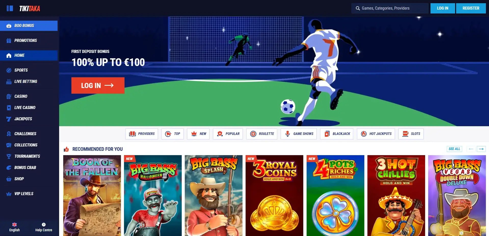 Screenshot della lobby e dei metodi di pagamento del casinò TikiTaka in alta risoluzione (1400px)